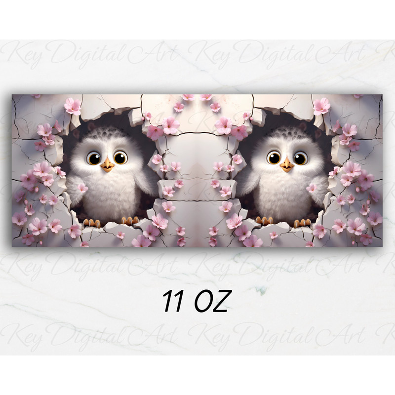 3D Baby Owl Hole In A Wall Flowers Mug Wrap 11oz & 15oz Mug Template, Mug Sublimation Design Mug Wrap Template PNG Instant Digital Download - 2.jpg