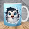 3D Baby Penguin Hole In Blue Wall Mug Wrap 11oz & 15oz Mug Template, Mug Sublimation Design Mug Wrap Template PNG Instant Digital Download - 1.jpg