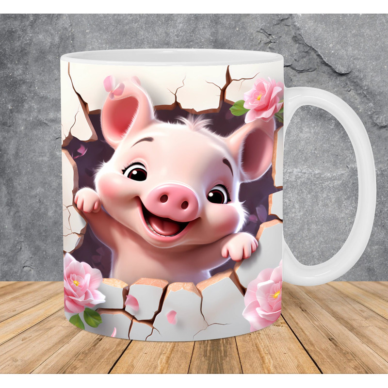 3D Baby Pig Hole In A Wall Mug Wrap 11oz & 15oz Mug Template, Flower Mug Sublimation Design Mug Wrap Template PNG Instant Digital Download - 1.jpg