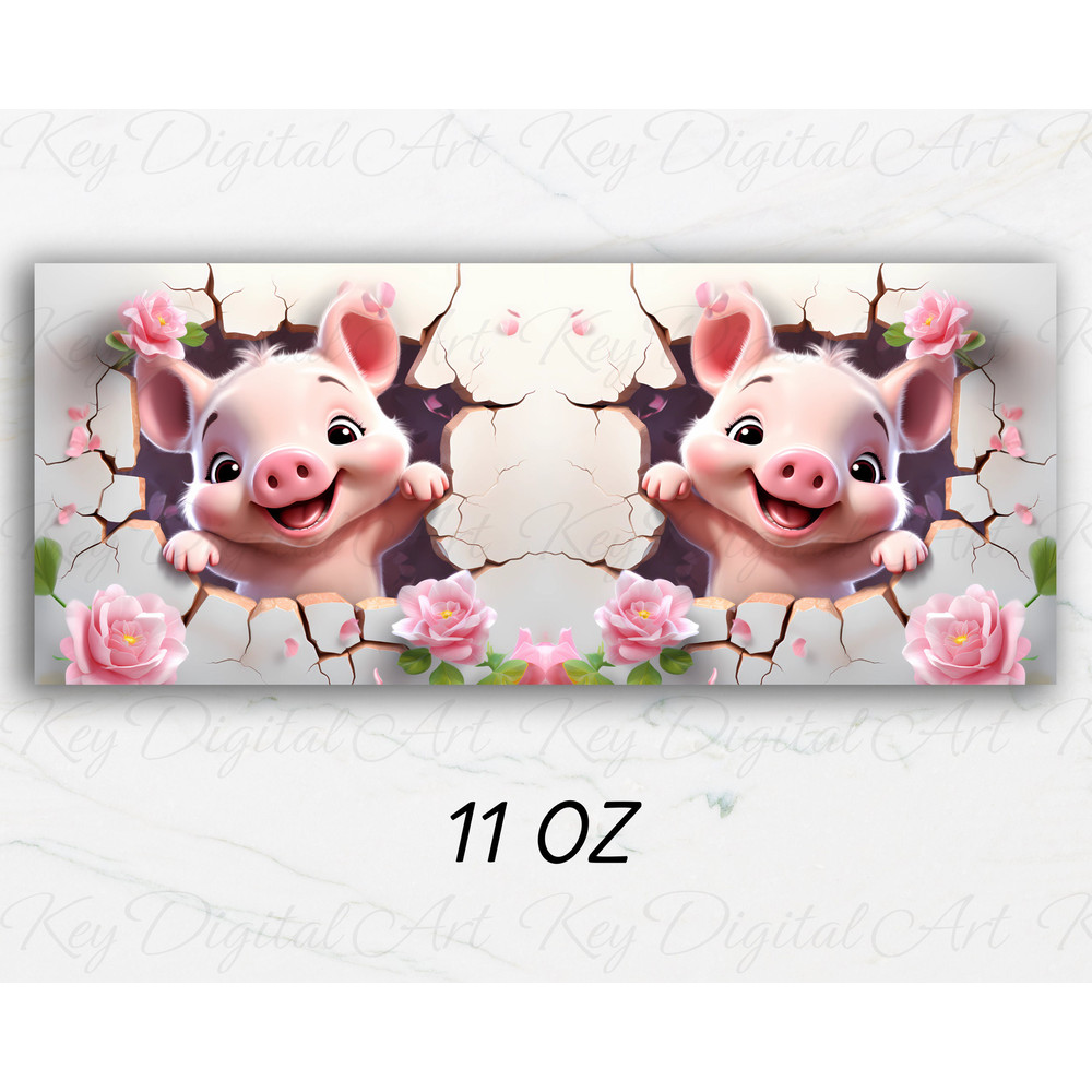 3D Baby Pig Hole In A Wall Mug Wrap 11oz & 15oz Mug Template, Flower Mug Sublimation Design Mug Wrap Template PNG Instant Digital Download - 2.jpg