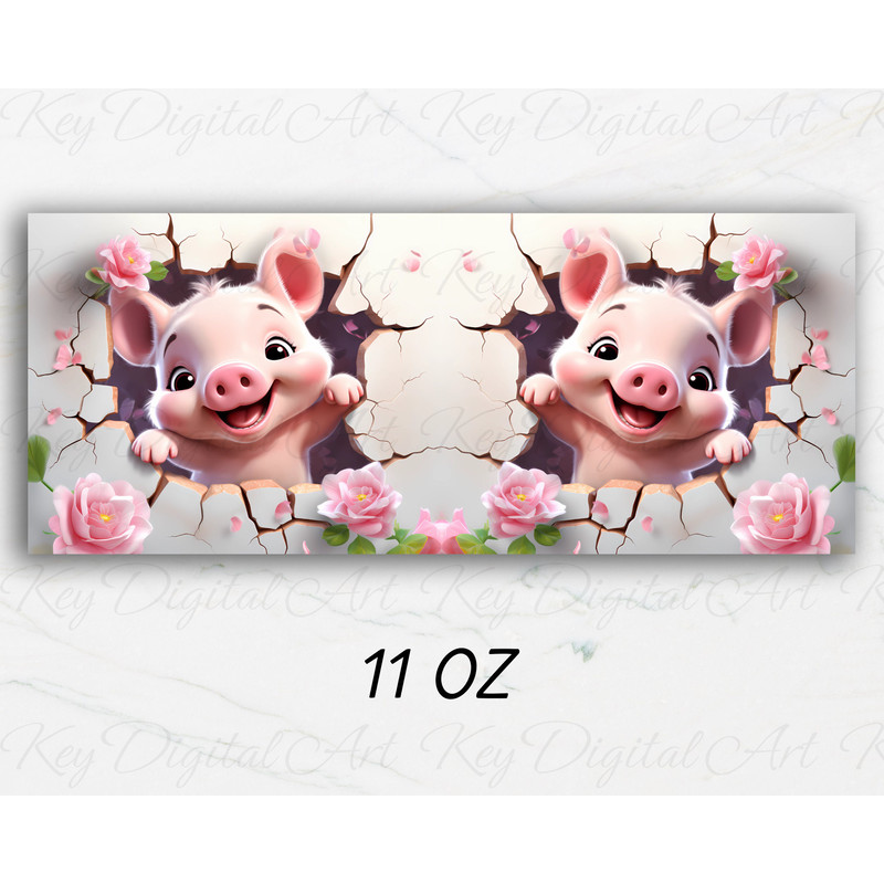 3D Baby Pig Hole In A Wall Mug Wrap 11oz & 15oz Mug Template, Flower Mug Sublimation Design Mug Wrap Template PNG Instant Digital Download - 2.jpg
