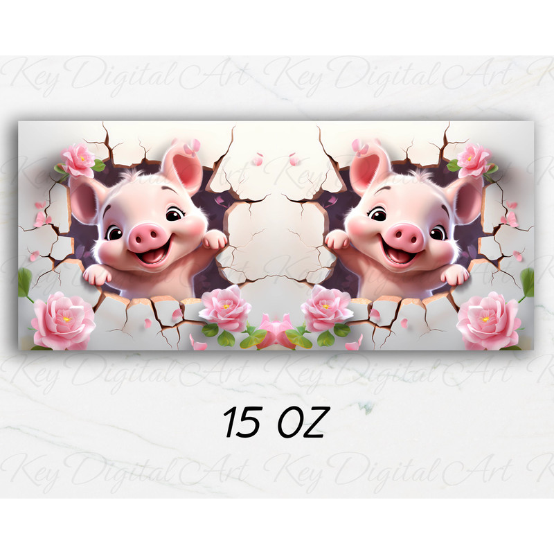 3D Baby Pig Hole In A Wall Mug Wrap 11oz & 15oz Mug Template, Flower Mug Sublimation Design Mug Wrap Template PNG Instant Digital Download - 3.jpg