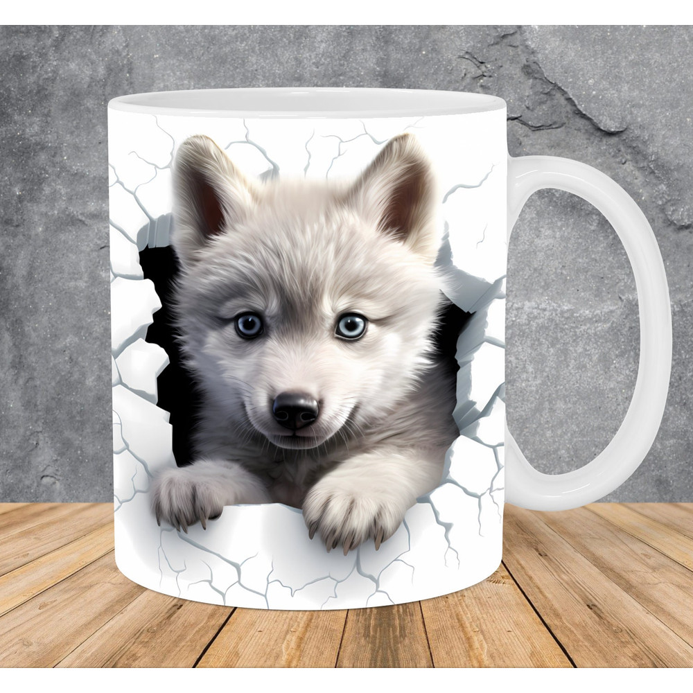 3D Baby Wolf Hole In White Wall Mug Wrap 11oz & 15oz Mug Template, 3D Mug Sublimation Design Mug Wrap Template PNG Instant Digital Download - 1.jpg