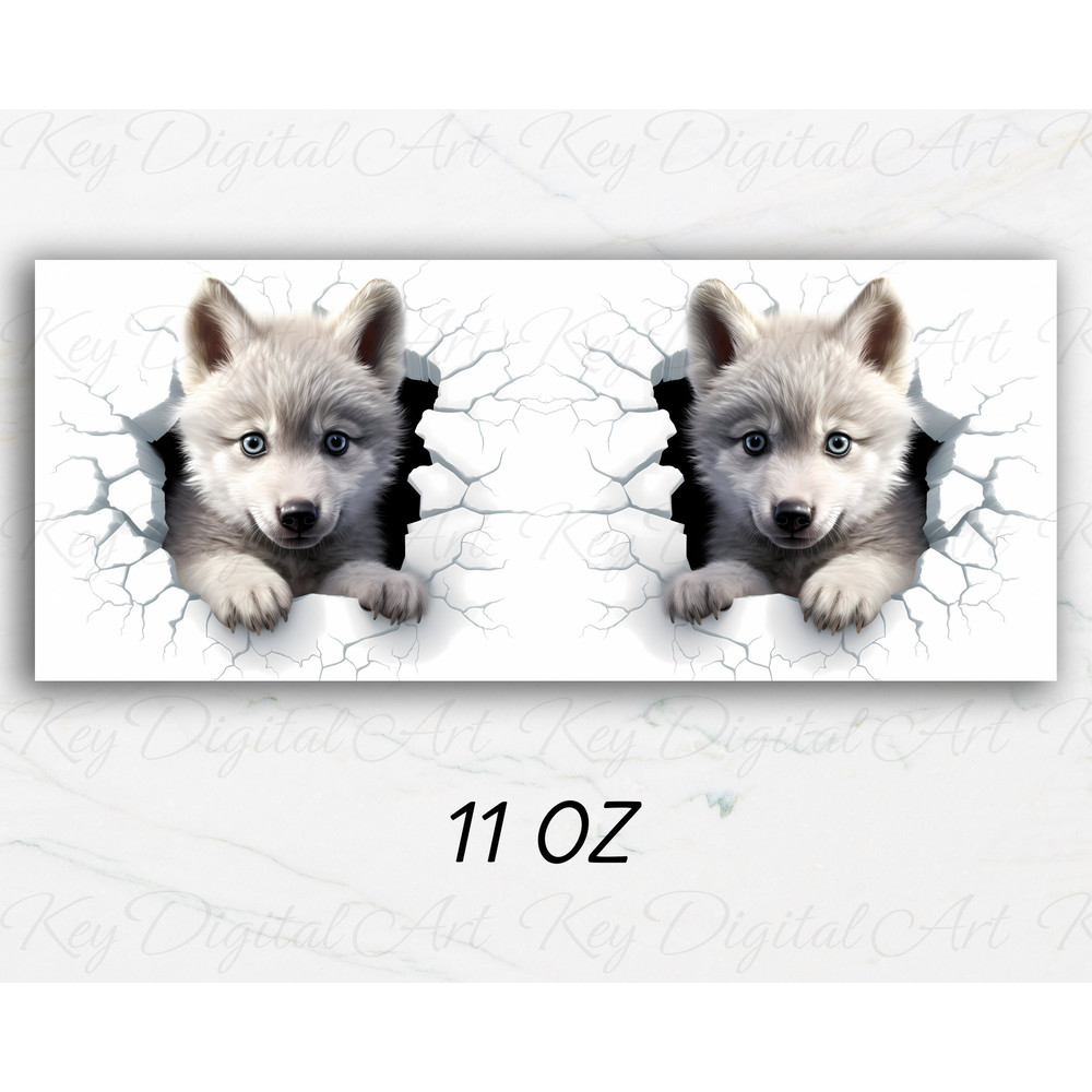 3D Baby Wolf Hole In White Wall Mug Wrap 11oz & 15oz Mug Template, 3D Mug Sublimation Design Mug Wrap Template PNG Instant Digital Download - 2.jpg
