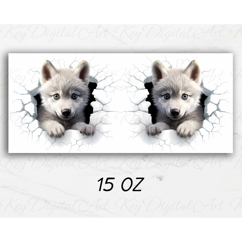 3D Baby Wolf Hole In White Wall Mug Wrap 11oz & 15oz Mug Template, 3D Mug Sublimation Design Mug Wrap Template PNG Instant Digital Download - 3.jpg