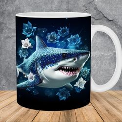 3d blue diamonds shark flowers mug