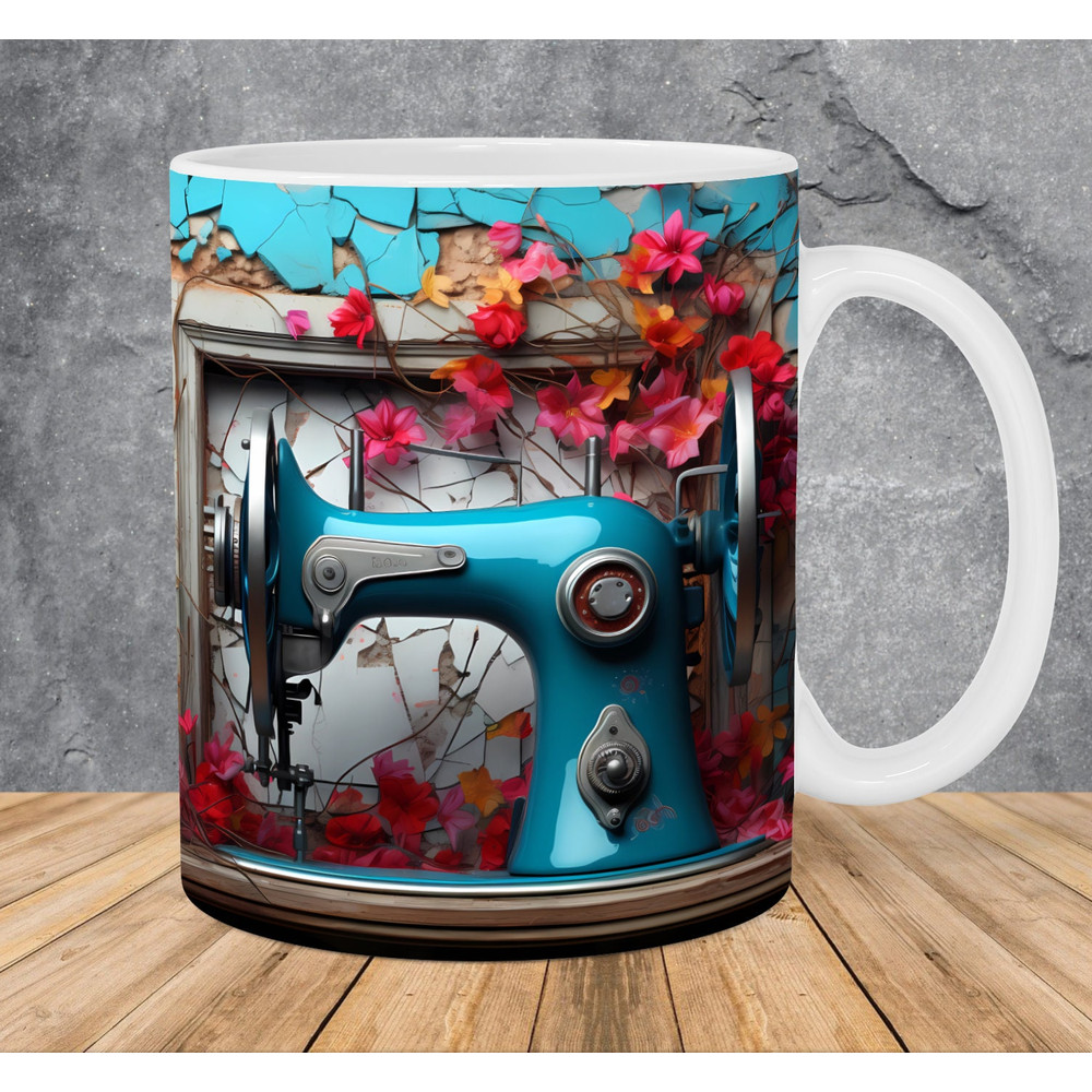 3D Blue Sewing Machine Flowers Mug Wrap 11oz & 15oz Mug Template, 3D Mug Sublimation Design Mug Wrap Template PNG Instant Digital Download - 1.jpg