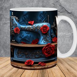 3d blue sewing machine red roses mug
