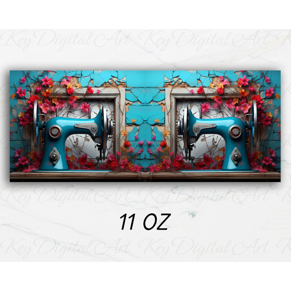 3D Blue Sewing Machine Flowers Mug Wrap 11oz & 15oz Mug Template, 3D Mug Sublimation Design Mug Wrap Template PNG Instant Digital Download - 2.jpg