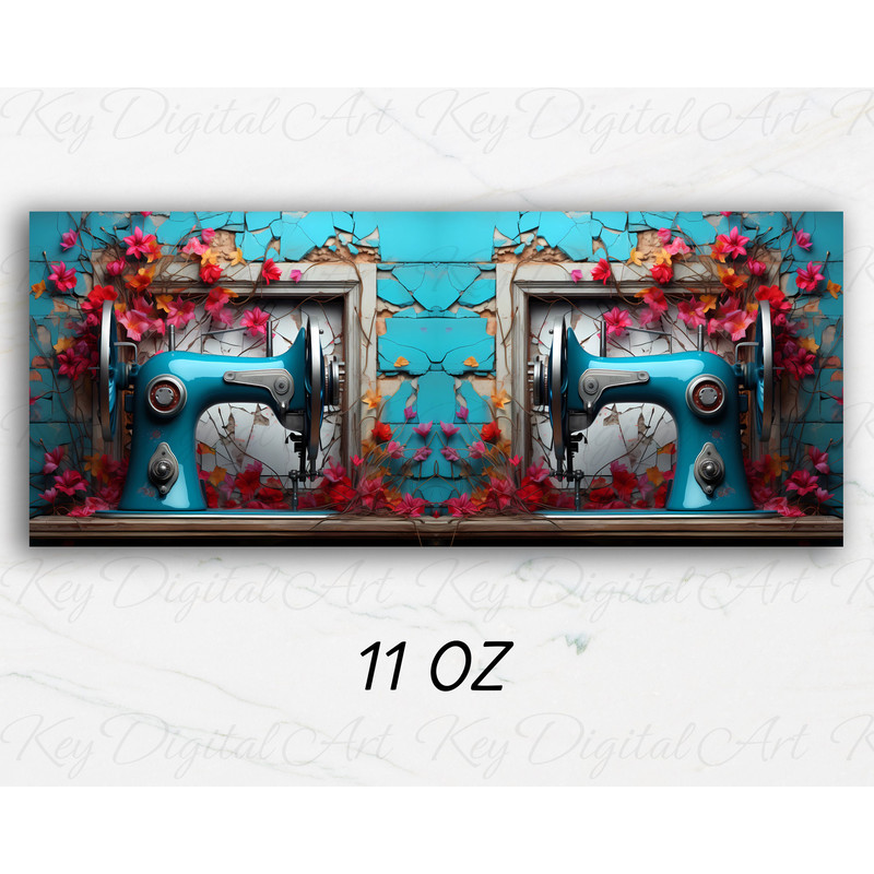 3D Blue Sewing Machine Flowers Mug Wrap 11oz & 15oz Mug Template, 3D Mug Sublimation Design Mug Wrap Template PNG Instant Digital Download - 2.jpg