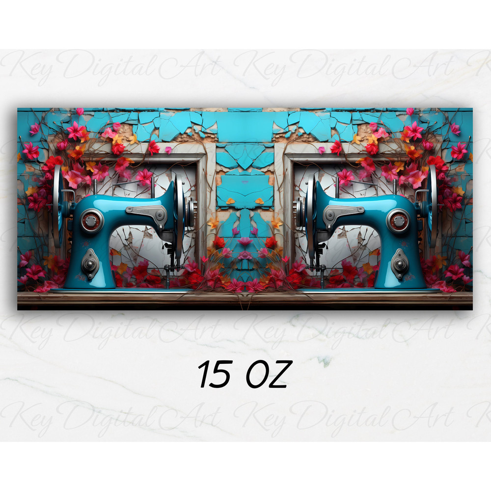 3D Blue Sewing Machine Flowers Mug Wrap 11oz & 15oz Mug Template, 3D Mug Sublimation Design Mug Wrap Template PNG Instant Digital Download - 3.jpg