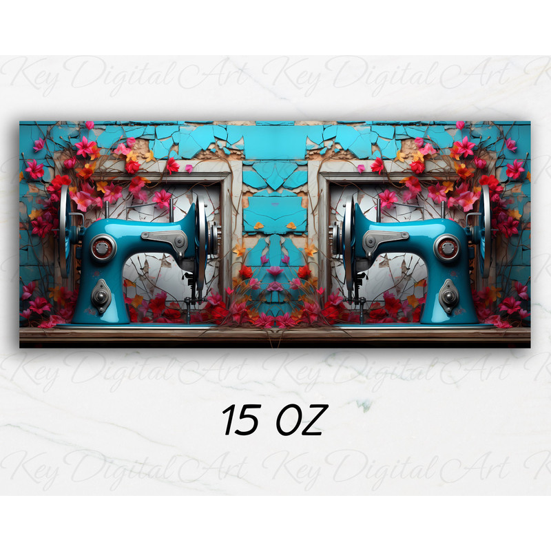 3D Blue Sewing Machine Flowers Mug Wrap 11oz & 15oz Mug Template, 3D Mug Sublimation Design Mug Wrap Template PNG Instant Digital Download - 3.jpg