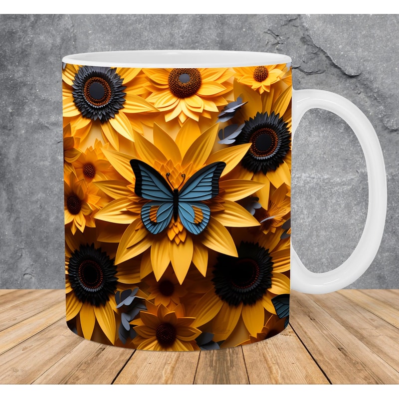 3D Butterfly Sunflowers Mug Wrap 11oz & 15oz Mug Template, 3D Flower Mug Sublimation Design Mug Wrap Template PNG Instant Digital Download - 1.jpg
