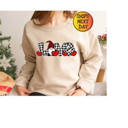 love valentine gnome valentine, valentine gnome buffalo plaid sweatshirt, valentines day, valentines day sweatshirt, val