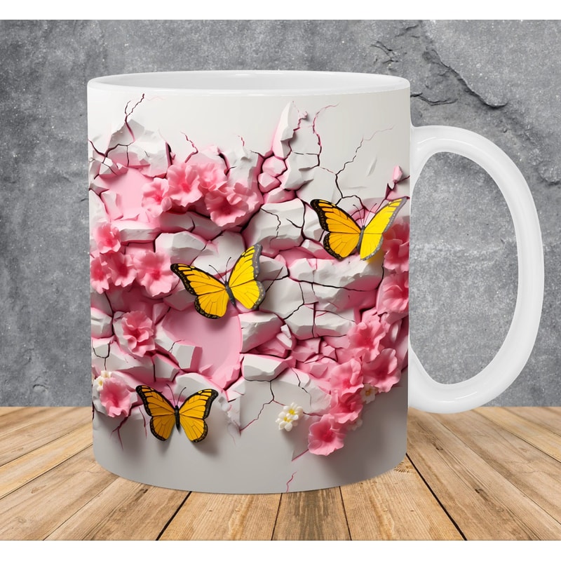 3D Crack In A Wall Butterflies Mug Wrap 11oz & 15oz Mug Template, 3D Mug Sublimation Design Mug Wrap Template PNG Instant Digital Download - 1.jpg
