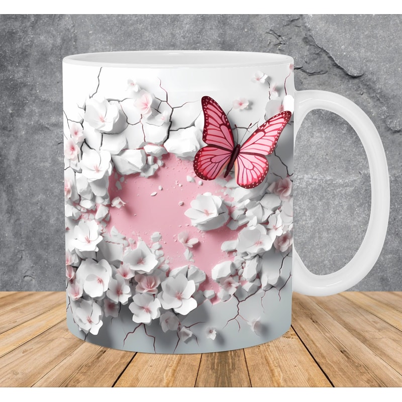 3D Crack In A Wall Butterfly Mug Wrap 11oz & 15oz Mug Template, Flower Mug Sublimation Design Mug Wrap Template PNG Instant Digital Download - 1.jpg