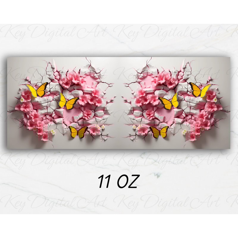 3D Crack In A Wall Butterflies Mug Wrap 11oz & 15oz Mug Template, 3D Mug Sublimation Design Mug Wrap Template PNG Instant Digital Download - 2.jpg