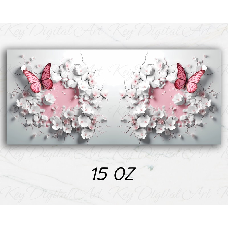 3D Crack In A Wall Butterfly Mug Wrap 11oz & 15oz Mug Template, Flower Mug Sublimation Design Mug Wrap Template PNG Instant Digital Download - 3.jpg