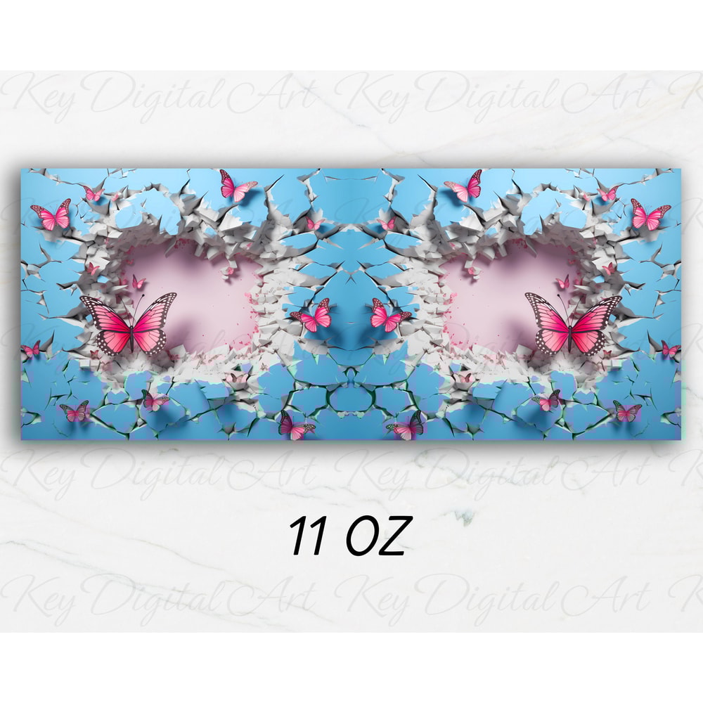 3D Crack In A Wall Pink Butterflies Mug Wrap 11oz & 15oz Mug Template, Mug Sublimation Design Mug Wrap Template PNG Instant Digital Download - 2.jpg