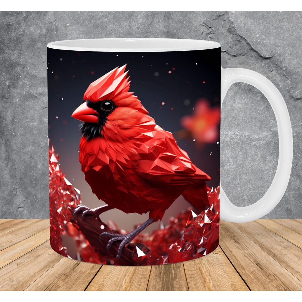 3D Crystal Red Cardinal Bird Mug Wrap 11oz & 15oz Mug Template, 3D Mug Sublimation Design Mug Wrap Template PNG Instant Digital Download - 1.jpg