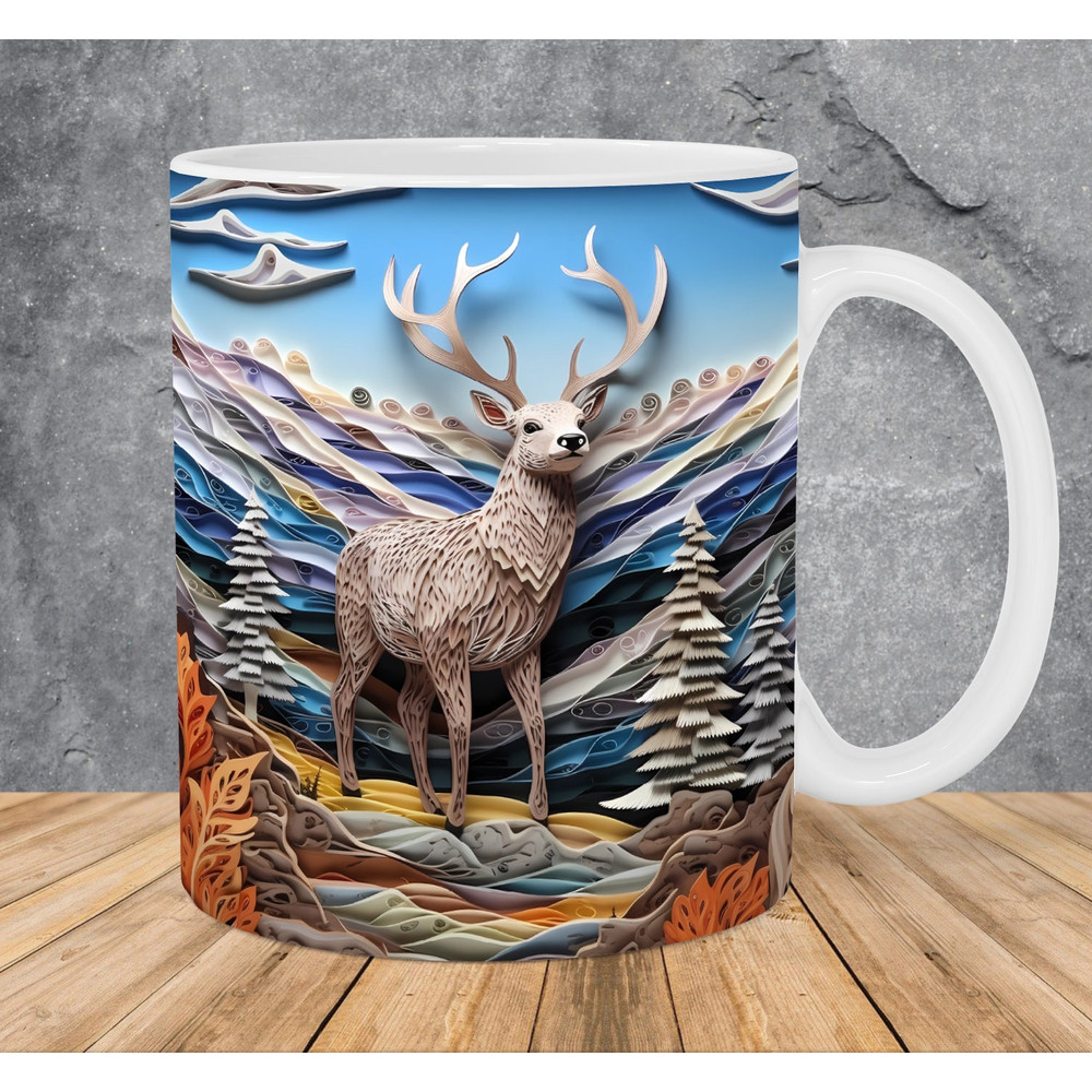 3D Deer Mountains Mug Wrap 11oz & 15oz Mug Template, 3D Mountains Mug Sublimation Design Mug Wrap Template PNG Instant Digital Download - 1.jpg