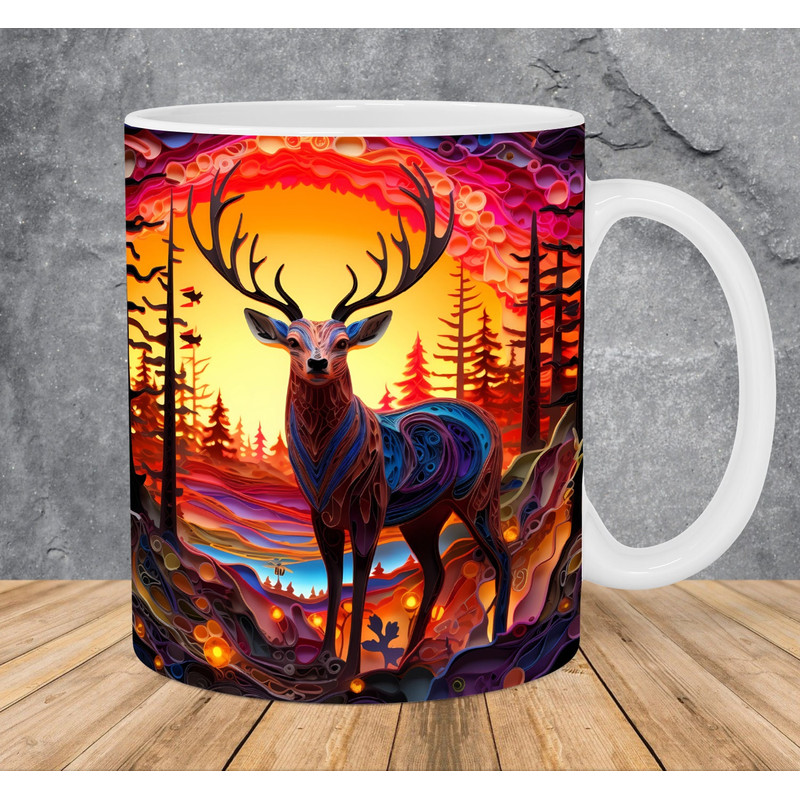 3D Deer Sunset Forest Mug Wrap 11oz & 15oz Mug Template, 3D Animal Mug Sublimation Design Mug Wrap Template PNG Instant Digital Download - 1.jpg