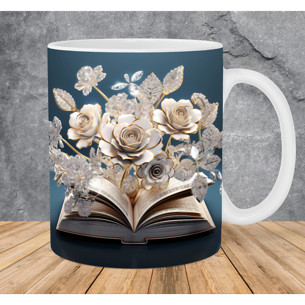 3D Diamonds Flowers Book Mug Wrap 11oz & 15oz Mug Template, 3D Book Mug Sublimation Design Mug Wrap Template PNG Instant Digital Download - 1.jpg