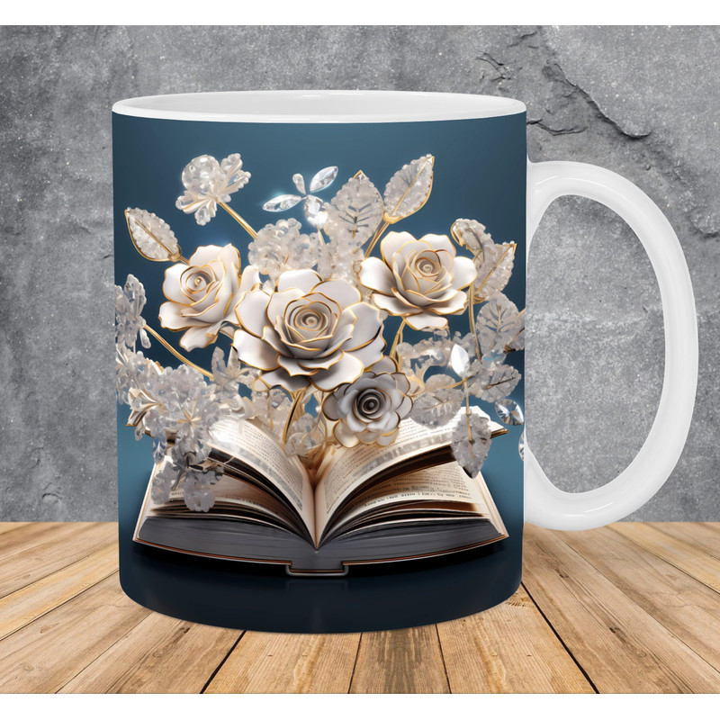 3D Diamonds Flowers Book Mug Wrap 11oz & 15oz Mug Template, 3D Book Mug Sublimation Design Mug Wrap Template PNG Instant Digital Download - 1.jpg