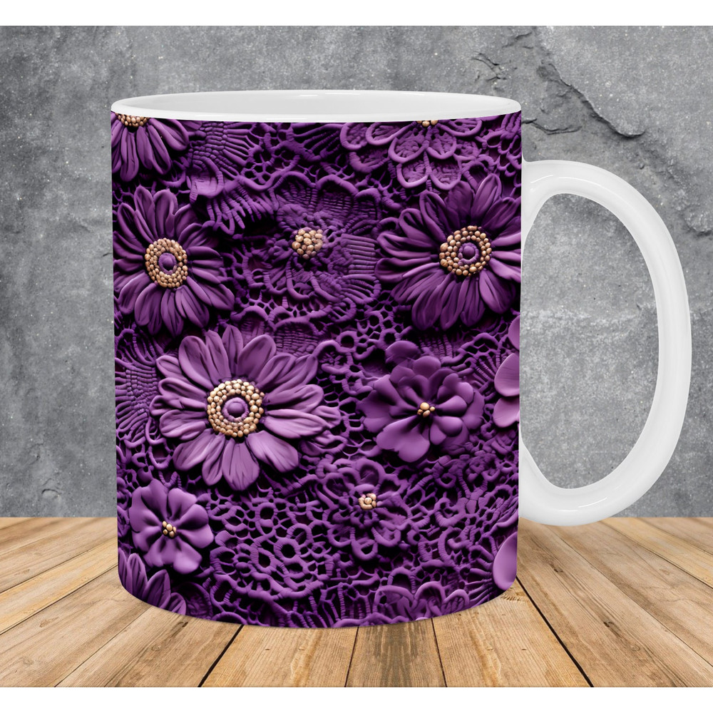 3D Embroidered Lace Purple Flowers Mug Wrap 11oz & 15oz Mug Template, Mug Sublimation Design Mug Wrap Template PNG Instant Digital Download - 1.jpg