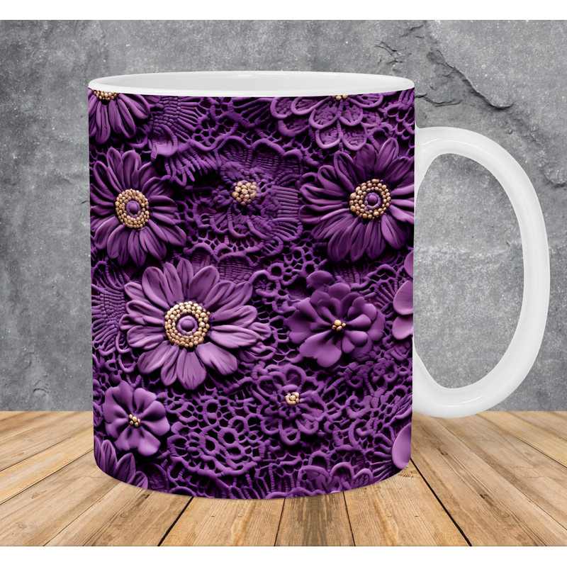 3D Embroidered Lace Purple Flowers Mug Wrap 11oz & 15oz Mug Template, Mug Sublimation Design Mug Wrap Template PNG Instant Digital Download - 1.jpg
