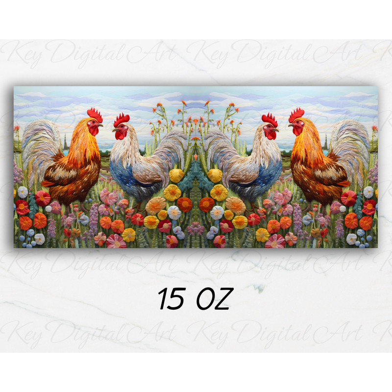 3D Embroidered Roosters Flowers Mug Wrap 11oz & 15oz Mug Template, Mug Sublimation Design Mug Wrap Template PNG Instant Digital Download - 3.jpg