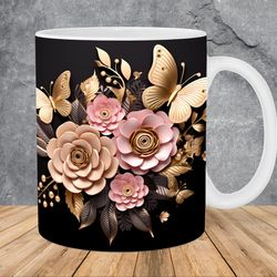 3d golden butterflies pink flowers mug