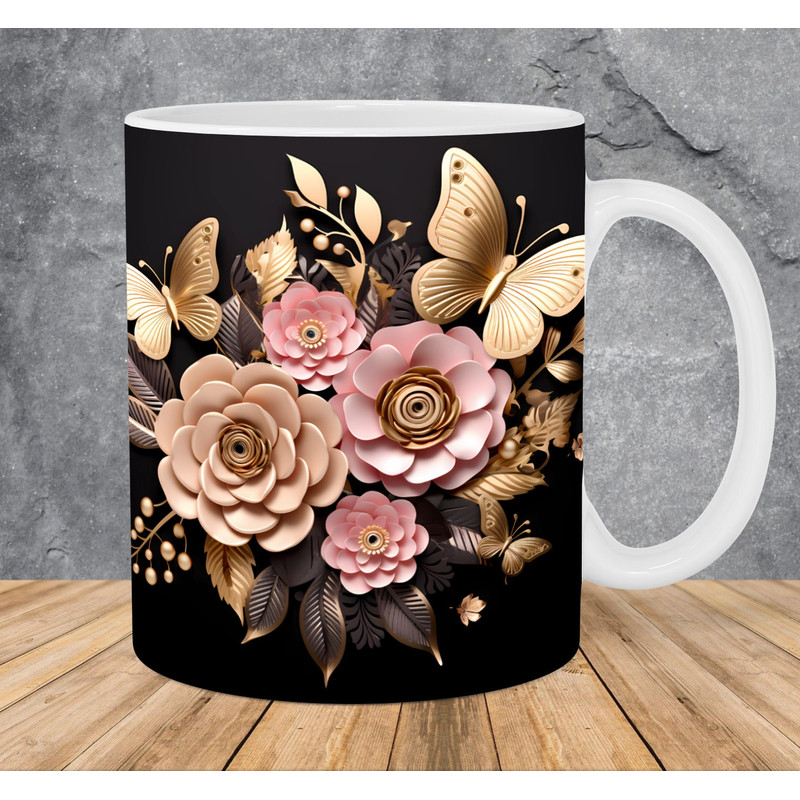 3D Golden Butterflies Pink Flowers Mug Wrap 11oz & 15oz Mug Template, Mug Sublimation Design Mug Wrap Template PNG Instant Digital Download - 1.jpg