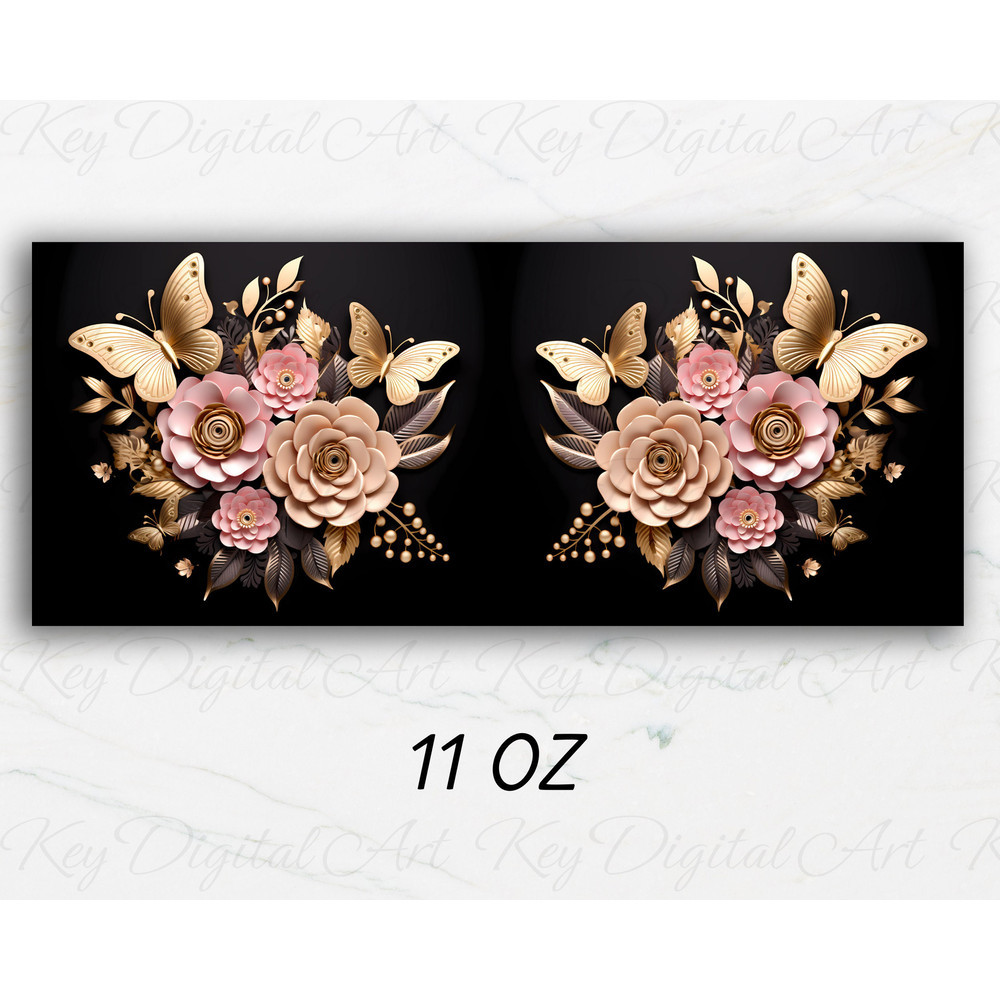 3D Golden Butterflies Pink Flowers Mug Wrap 11oz & 15oz Mug Template, Mug Sublimation Design Mug Wrap Template PNG Instant Digital Download - 2.jpg
