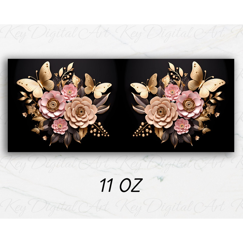 3D Golden Butterflies Pink Flowers Mug Wrap 11oz & 15oz Mug Template, Mug Sublimation Design Mug Wrap Template PNG Instant Digital Download - 2.jpg
