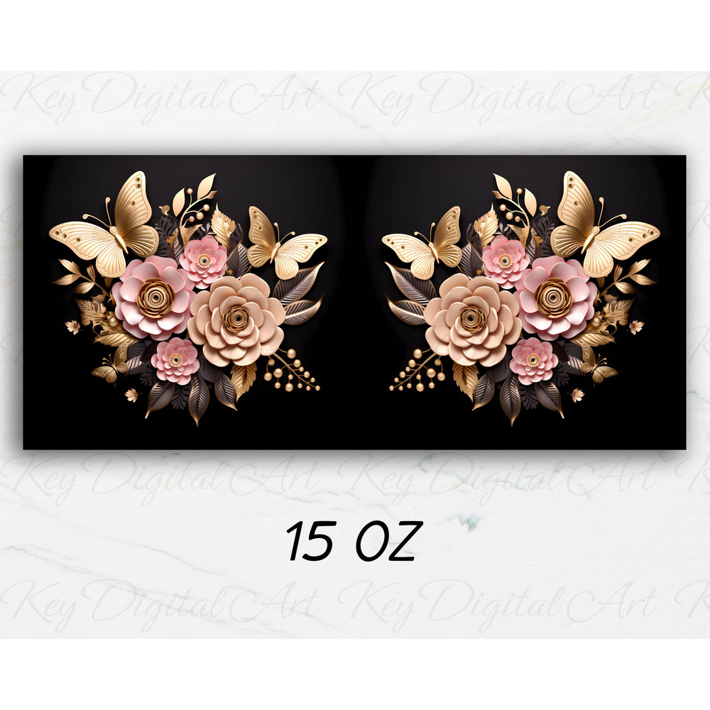3D Golden Butterflies Pink Flowers Mug Wrap 11oz & 15oz Mug Template, Mug Sublimation Design Mug Wrap Template PNG Instant Digital Download - 3.jpg