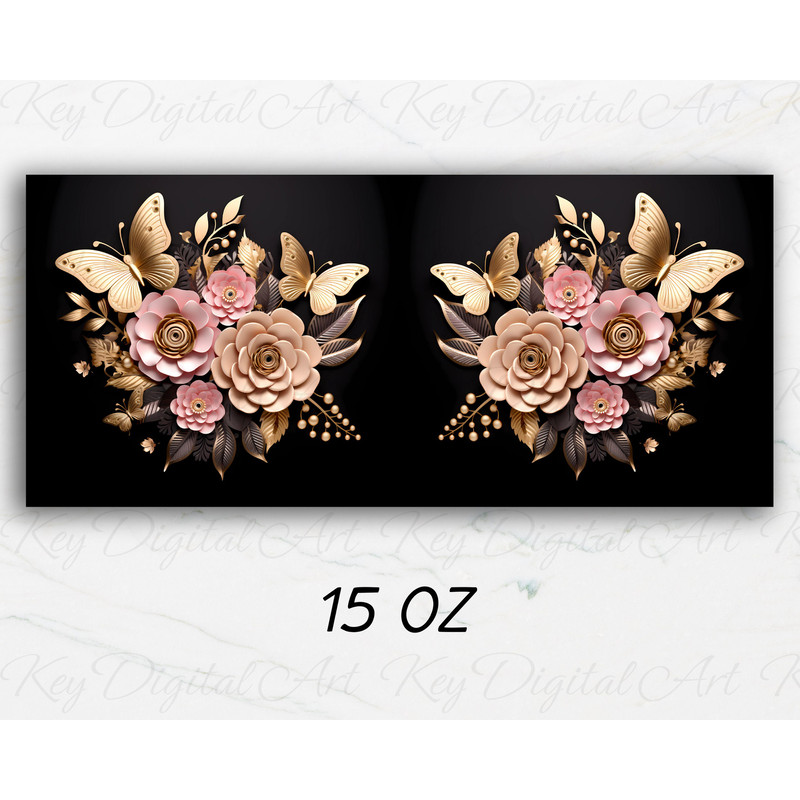 3D Golden Butterflies Pink Flowers Mug Wrap 11oz & 15oz Mug Template, Mug Sublimation Design Mug Wrap Template PNG Instant Digital Download - 3.jpg