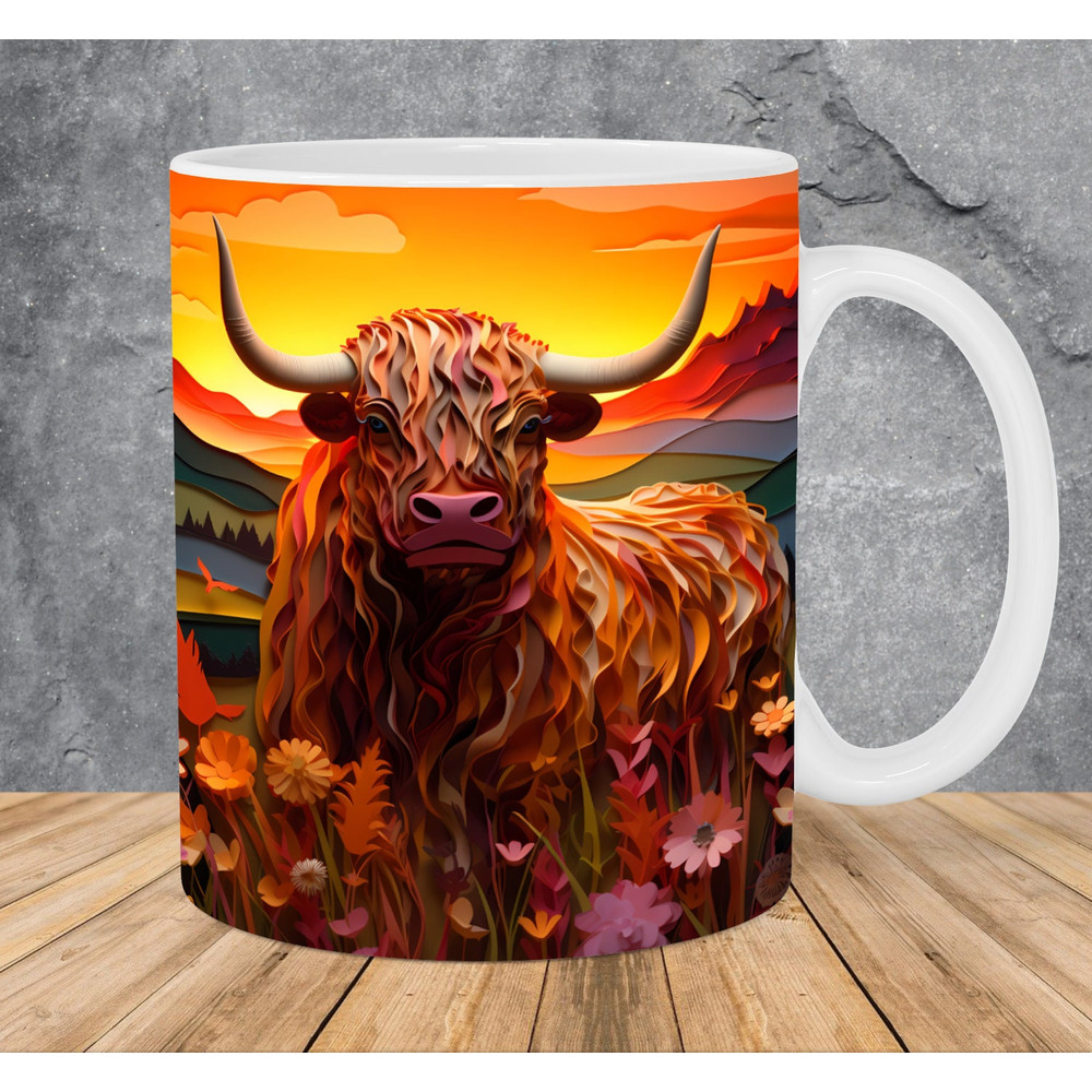 3D Highland Cow Flowers Sunset Mug Wrap 11oz & 15oz Mug Template, 3D Mug Sublimation Design Mug Wrap Template PNG Instant Digital Download - 1.jpg