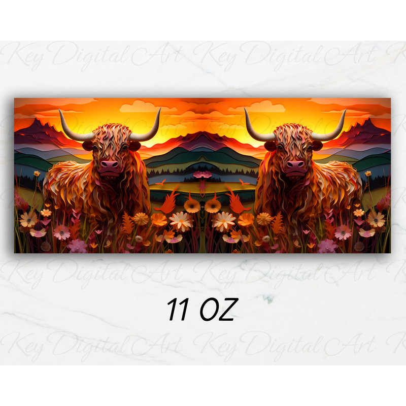 3D Highland Cow Flowers Sunset Mug Wrap 11oz & 15oz Mug Template, 3D Mug Sublimation Design Mug Wrap Template PNG Instant Digital Download - 2.jpg