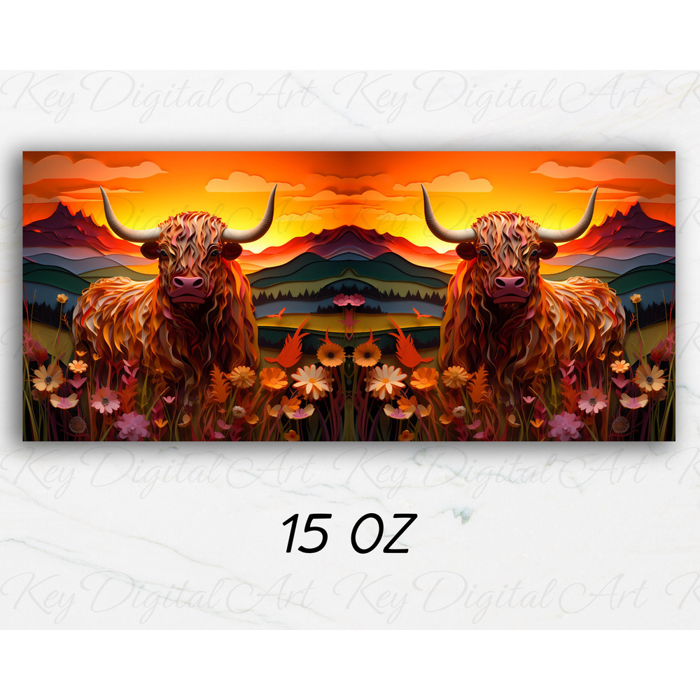 3D Highland Cow Flowers Sunset Mug Wrap 11oz & 15oz Mug Template, 3D Mug Sublimation Design Mug Wrap Template PNG Instant Digital Download - 3.jpg