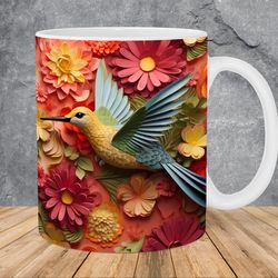 3d hummingbird pastel flowers mug