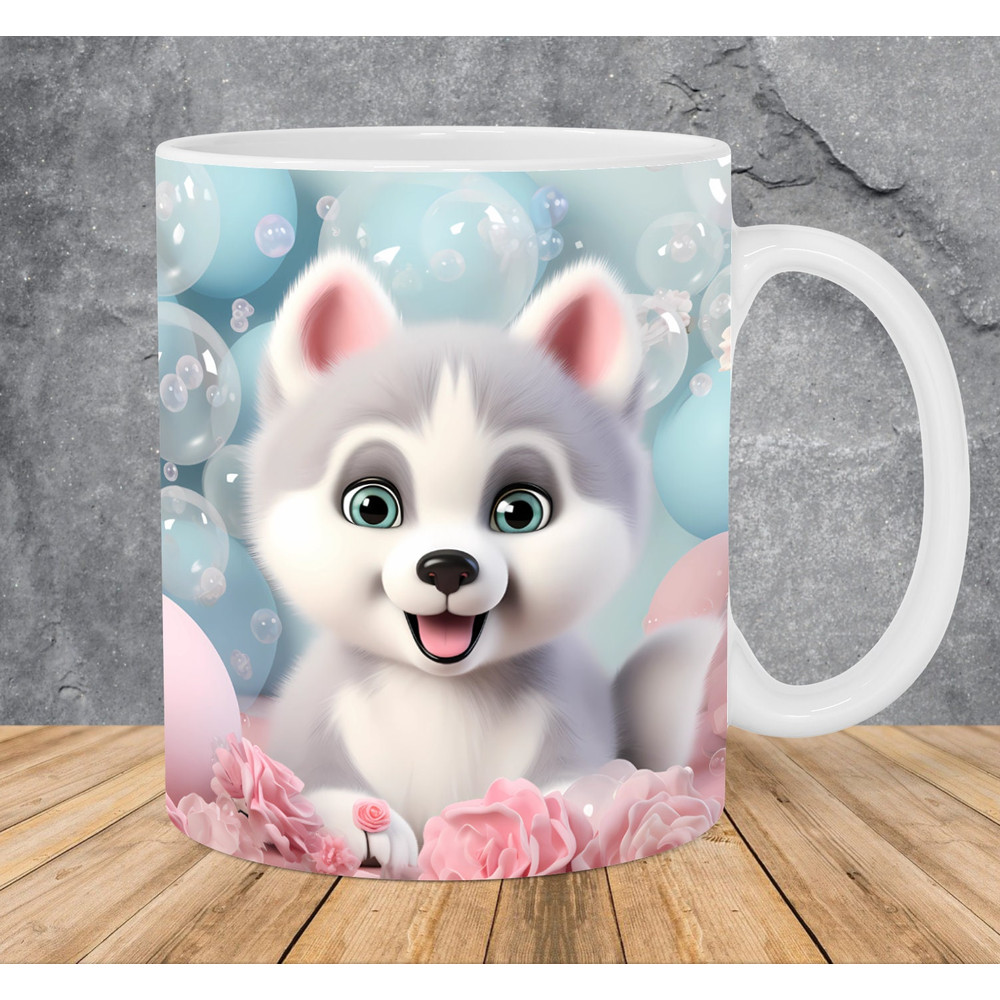3D Husky Dog Bubbles Mug Wrap 11oz & 15oz Mug Template, 3D Puppy Mug Sublimation Design Mug Wrap Template PNG Instant Digital Download - 1.jpg