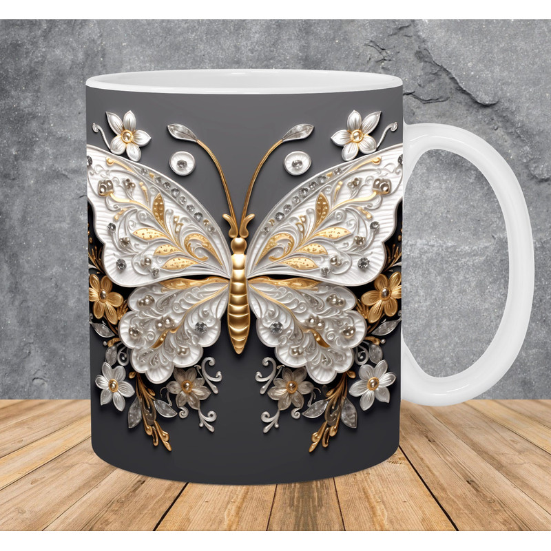 3D Metal Silver Gold Butterfly Mug Wrap 11oz & 15oz Mug Template, 3D Mug Sublimation Design Mug Wrap Template PNG Instant Digital Download - 1.jpg