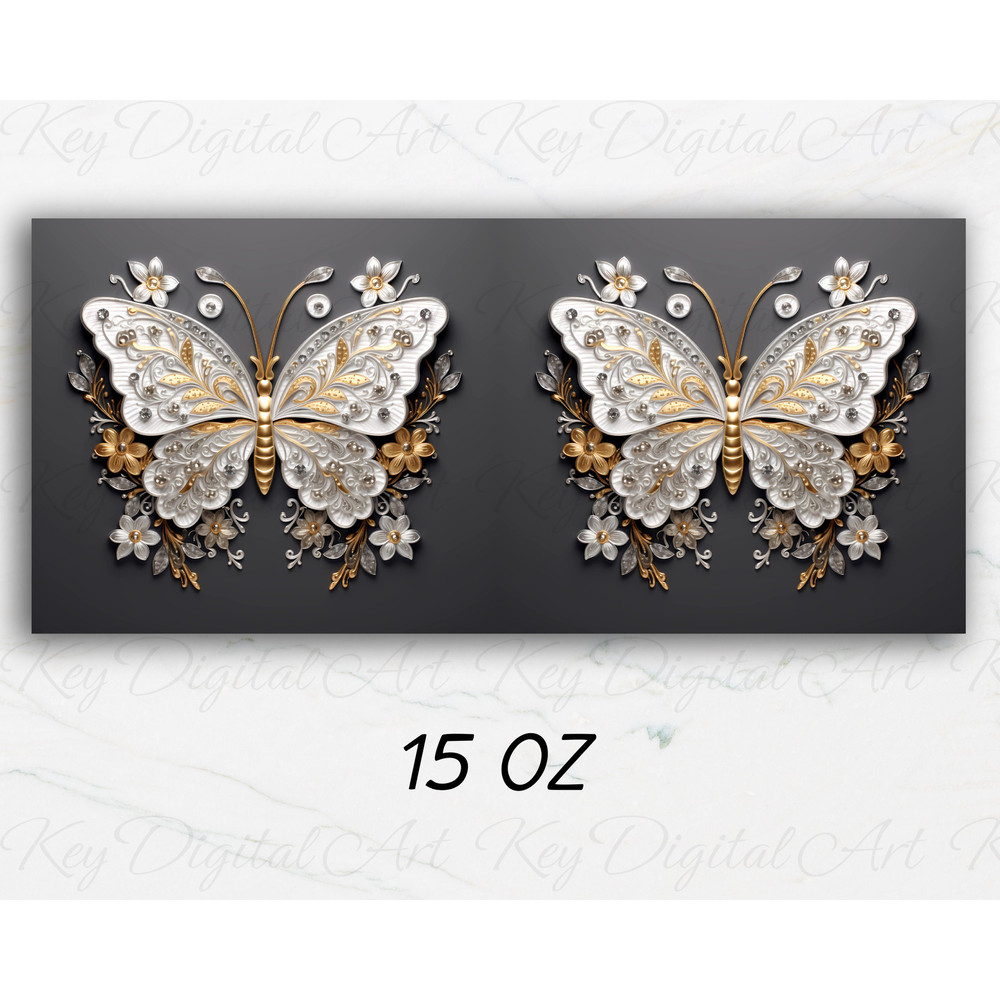 3D Metal Silver Gold Butterfly Mug Wrap 11oz & 15oz Mug Template, 3D Mug Sublimation Design Mug Wrap Template PNG Instant Digital Download - 2.jpg