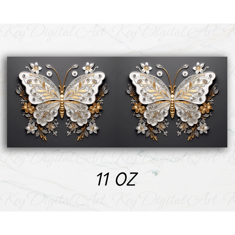 3D Metal Silver Gold Butterfly Mug Wrap 11oz & 15oz Mug Template, 3D Mug Sublimation Design Mug Wrap Template PNG Instant Digital Download - 3.jpg