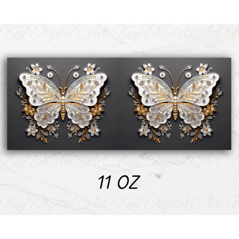 3D Metal Silver Gold Butterfly Mug Wrap 11oz & 15oz Mug Template, 3D Mug Sublimation Design Mug Wrap Template PNG Instant Digital Download - 3.jpg