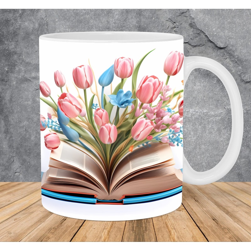 3D Pink Blue Tulips Book Mug Wrap 11oz & 15oz Mug Template, 3D Flower Mug Sublimation Design Mug Wrap Template PNG Instant Digital Download - 1.jpg