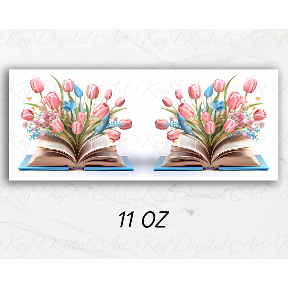3D Pink Blue Tulips Book Mug Wrap 11oz & 15oz Mug Template, 3D Flower Mug Sublimation Design Mug Wrap Template PNG Instant Digital Download - 2.jpg