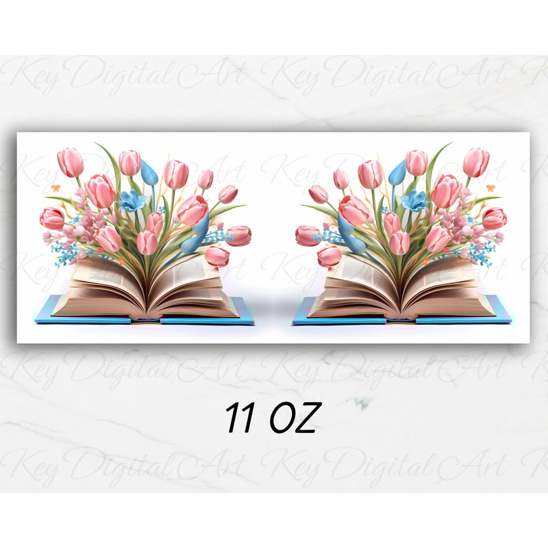 3D Pink Blue Tulips Book Mug Wrap 11oz & 15oz Mug Template, 3D Flower Mug Sublimation Design Mug Wrap Template PNG Instant Digital Download - 2.jpg