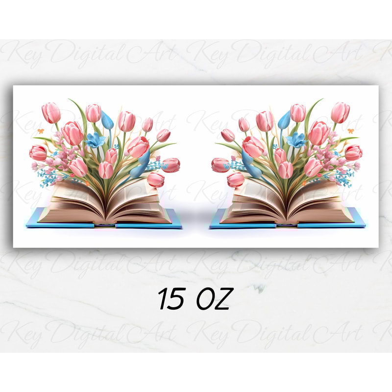 3D Pink Blue Tulips Book Mug Wrap 11oz & 15oz Mug Template, 3D Flower Mug Sublimation Design Mug Wrap Template PNG Instant Digital Download - 3.jpg